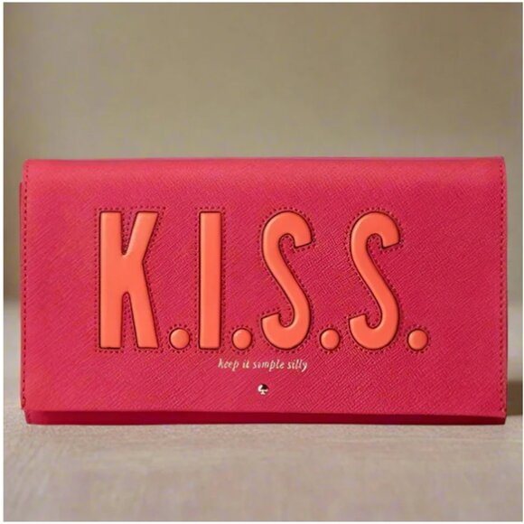 Kate Spade KISS Tally Clutch Pink Leather Foldover Vintage Bag Love Birds
